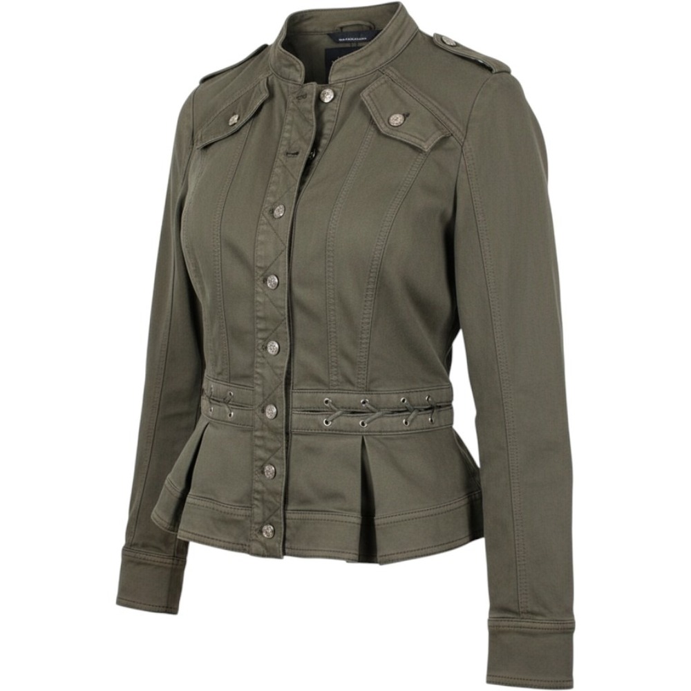 White House Black Market Olive Green Military Peplum Jacket Lace Up Waist M